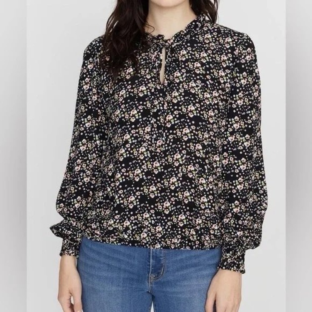Sanctuary Floral Print Long Sleeve Blouse Tie Neck Black Women's Size‎ L